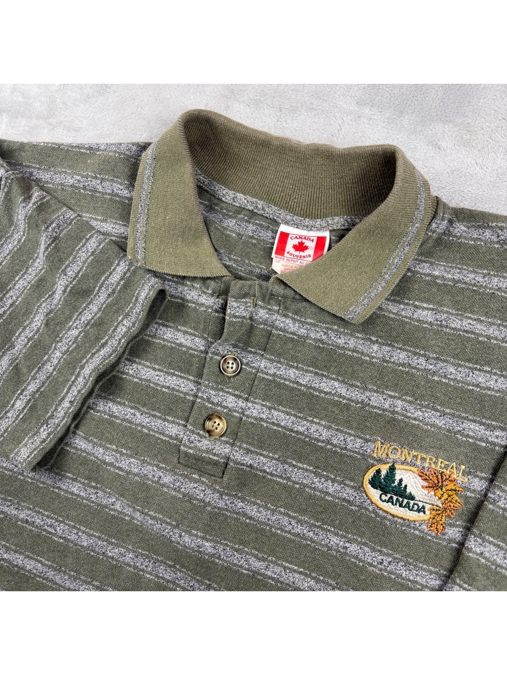 Vintage Canada Montreal Souvenir Polo Shirt Canada Made Green Striped Size XL